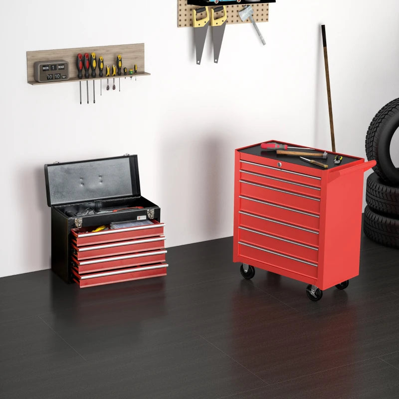Lockable Tool Chest and Tool Box Set of 2, 7 Drawer Tool Cabinet with Wheels, 4 Drawer Portable Tool Chest with Handle for Garage, Factory, Workshop, Red