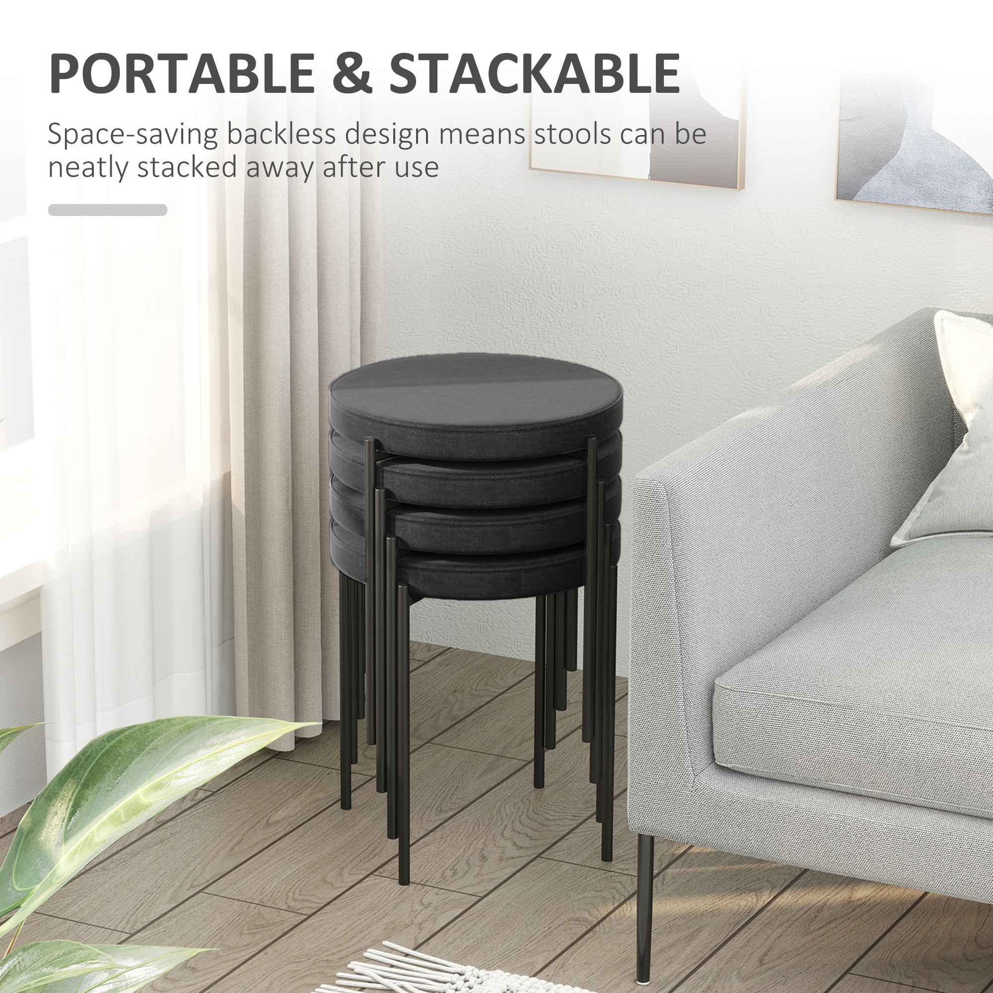 HOMCOM Backless Round Stackable Kitchen Dining Stools Set of 4 Metal Legs Black 