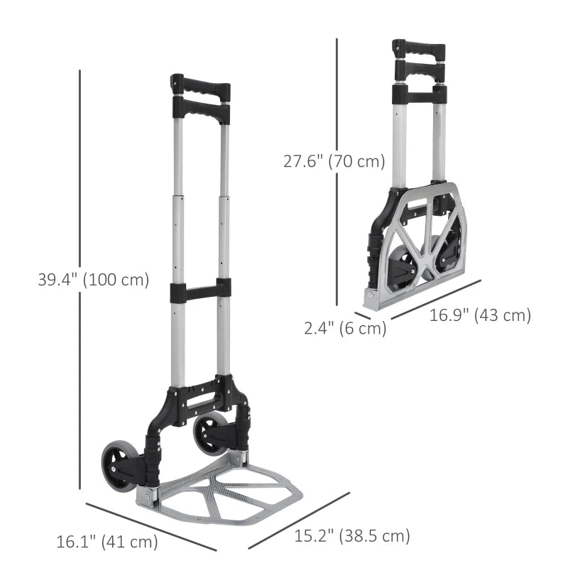 Folding Hand Truck and Dolly with 2 Wheels for Moving, Heavy Duty Luggage Handcart, Aluminum Box Cart with 3 Level Adjustable Telescoping Handle for 154lbs Load Capacity
