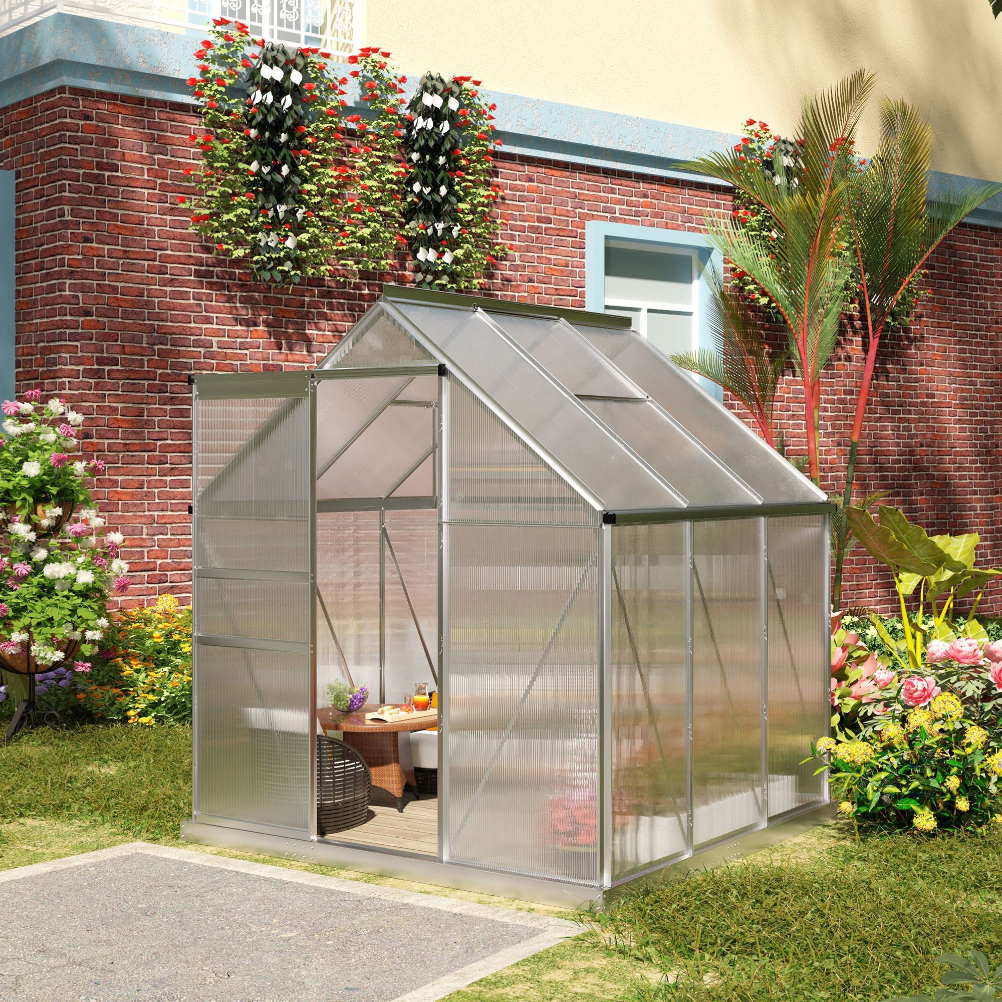 Outsunny 6' x 6' Aluminum Greenhouse Polycarbonate Walk-in Garden Greenhouse Kit with Adjustable Roof Vent, Rain Gutter  Sliding Door| Aosom Canada 