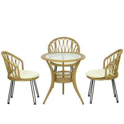 Outsunny 4 Piece Rattan Patio Dining Set Tempered Glass Top Storage Light Brown Furniture 
