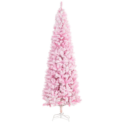 HOMCOM 7.5 Foot Snow Flocked Artificial Christmas Tree Pencil Xmas Tree with 800 Realistic Branches, Auto Open and Steel Base, Pink 