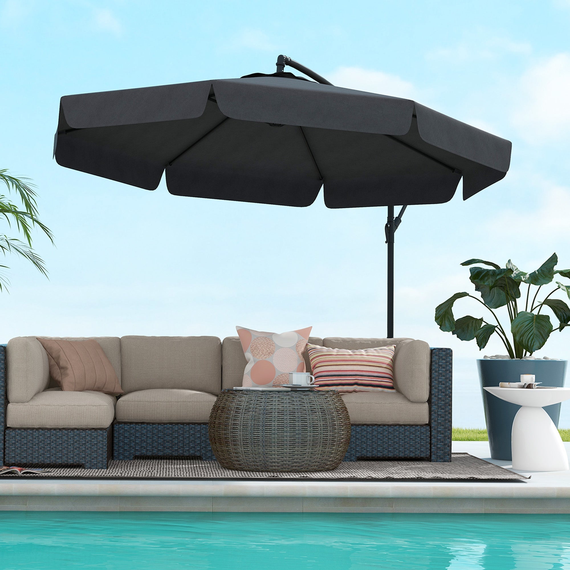 Outsunny 11ft Cantilever Patio Umbrella Offset Parasol 8 Ribs Cross Base for Outdoor Garden Black 