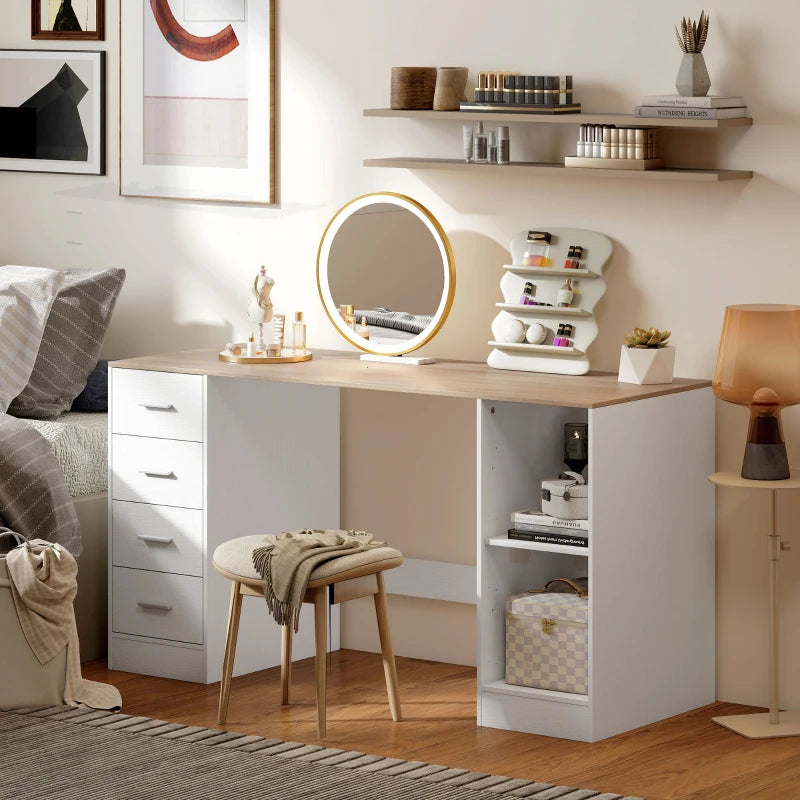 Office Desk, 55" Computer Desk with 4 Reversible Drawers, Mobile PC Stand, Adjustable Shelf, White Wood Grain