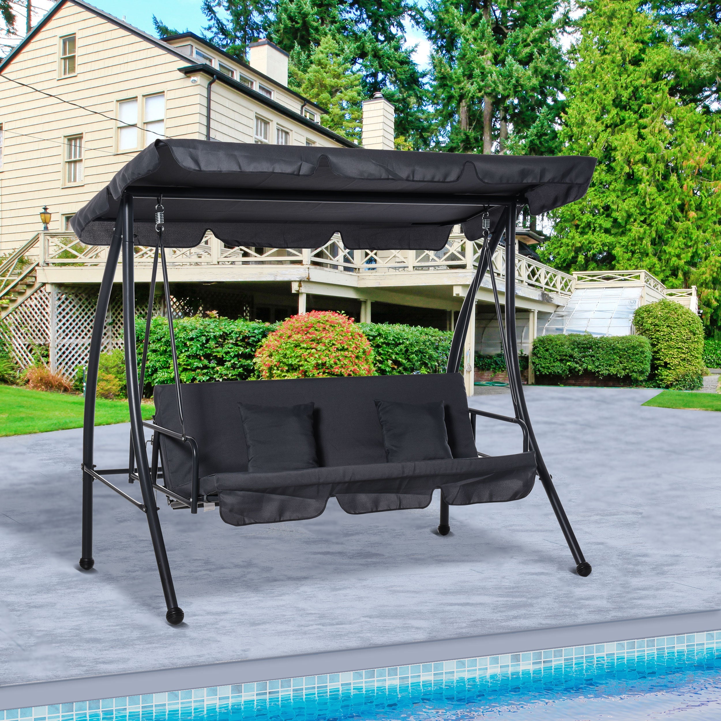 Outsunny Convertible Patio Swing Chair Garden 3 Person Hammock Outdoor Lounge Bed Cushioned with Tilt Canopy Dark Grey 