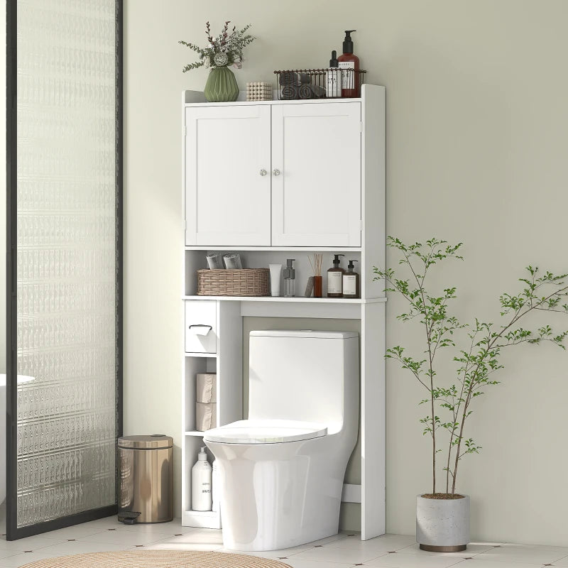 Modern Over the Toilet Storage Cabinet with 2 Doors, Above Commode Storage Cabinet with Toilet Paper Holder, White