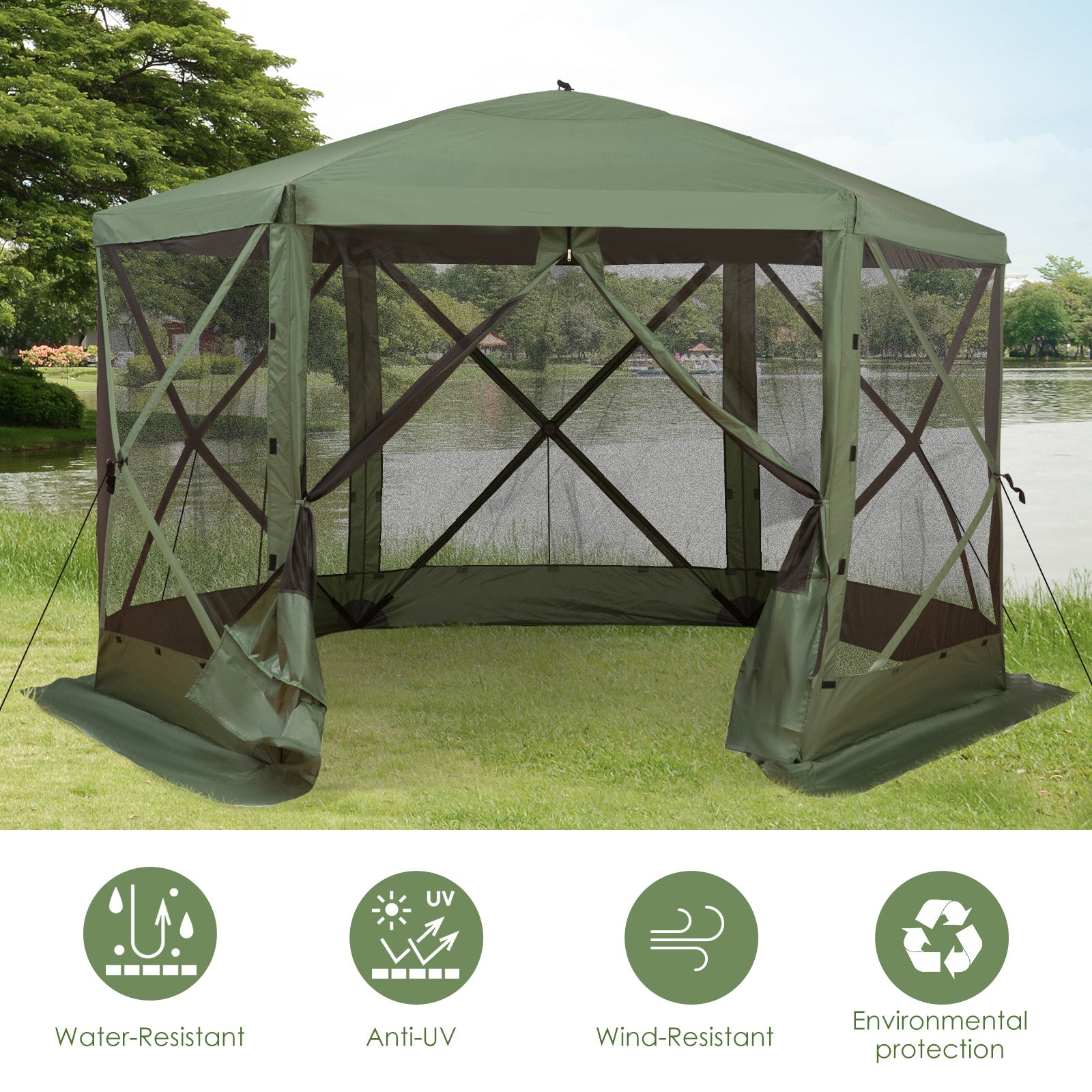 Outsunny 12x12 Pop Up Canopy Tent, Screened Gazebo with Mesh Sidewalls, Carry Bag for Camping & Outdoor Dining, Green 