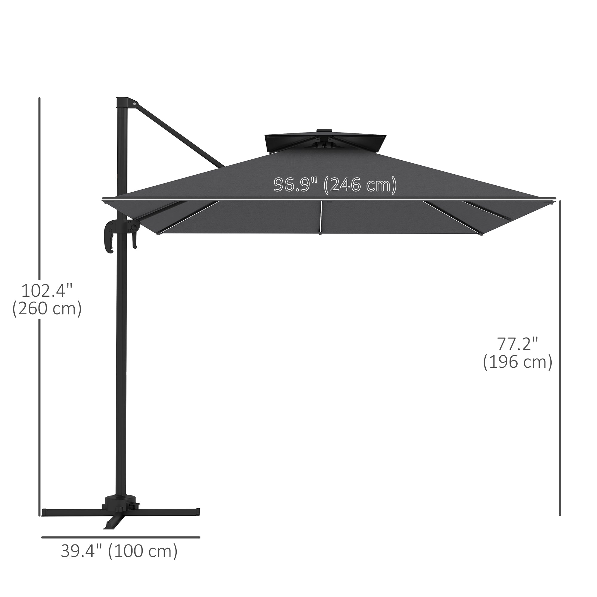 Outsunny 8' Cantilever Patio Umbrella with LED Lights, 360°Rotation, Tilt & Height Adjustment, Crank, Cross Base, Dark Grey 