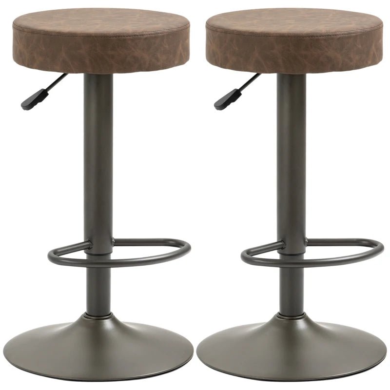 Modern Adjustable Bar Stools Set of 2, Swivel Barstool with Footrest, PU Leather Round Top for Kitchen, Brown