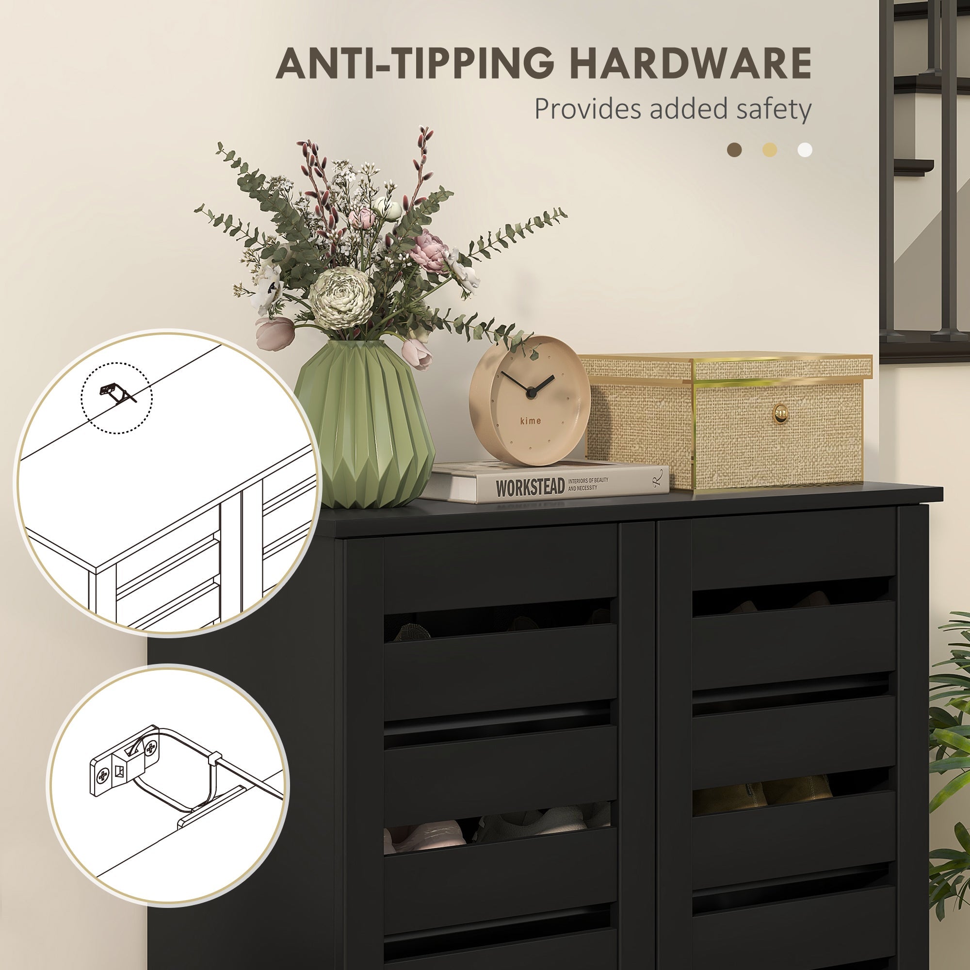 HOMCOM Shoe Storage Cabinet, Shoe Cabinet with 2 Slatted Doors for 15 Pairs of Shoes, Black 