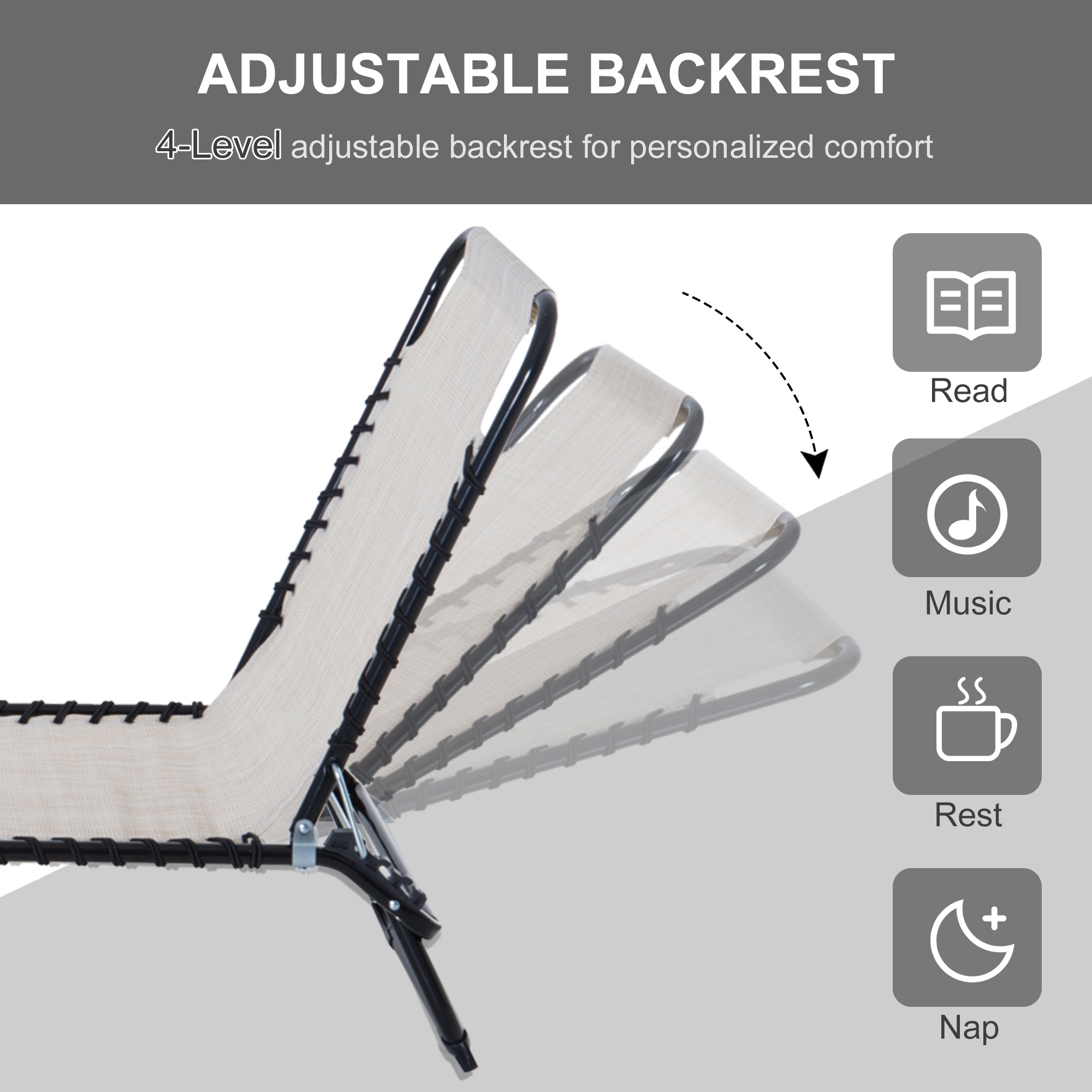 Outsunny Adjustable Folding Beach Bed 4-Level Reclining Lounger Lightweight Portable Outdoor Beige 