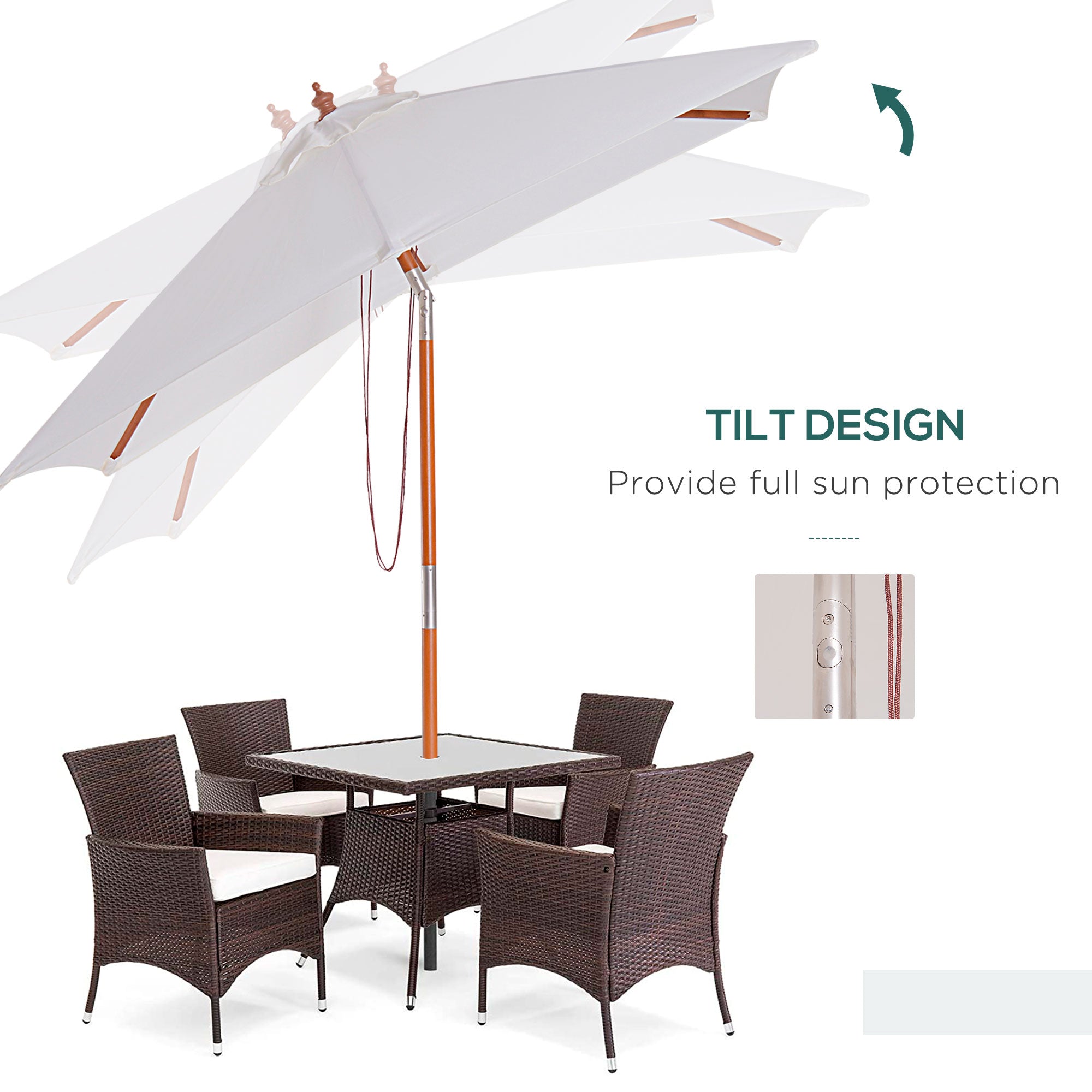 Outsunny Square Wooden Patio Umbrella: 6.6x5ft Fir Market Parasol with Tilt & 6 Ribs, Cream White 
