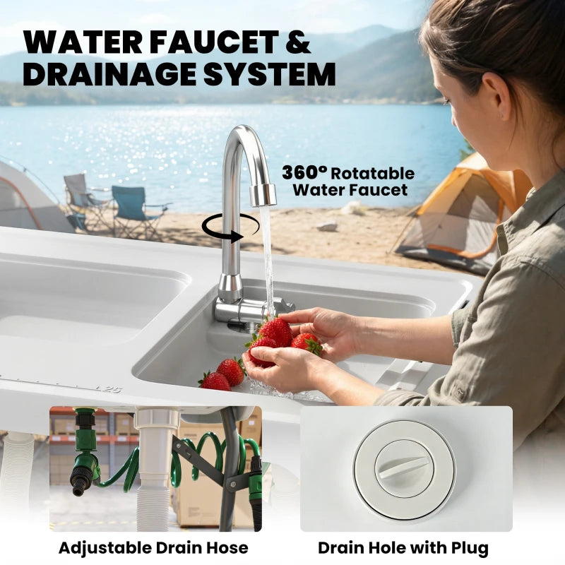 Fish Cleaning Table Folding Sink Portable Camping Sink with Side Shelf & Bottom Rack for Outdoor White