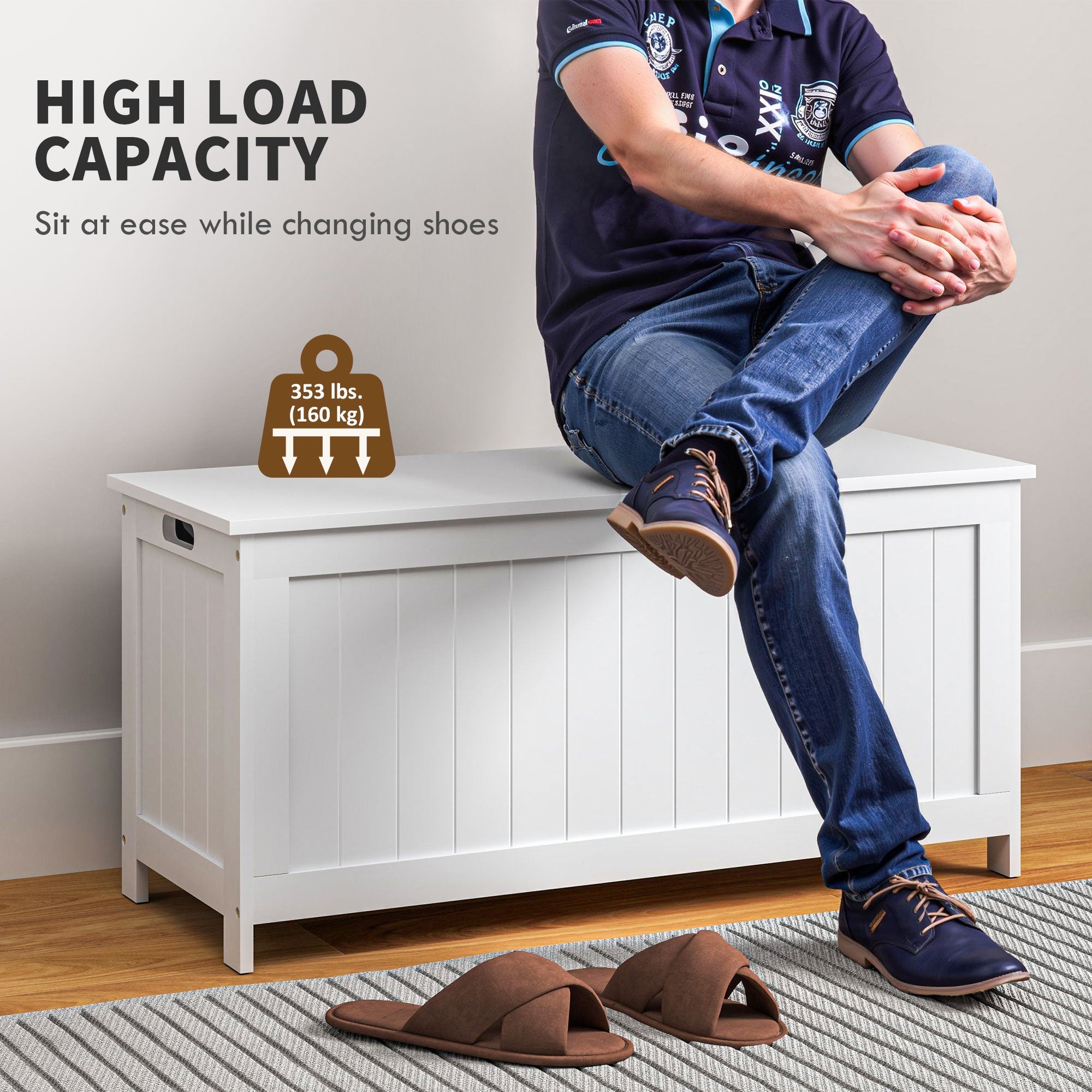 HOMCOM Modern Storage Chest Bench with Safety Hinges Entryway Toy Chest White with Side Handles for Living Room Playroom 