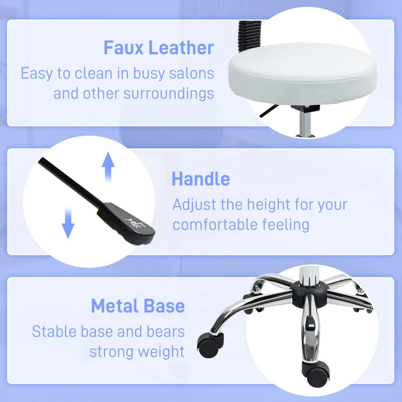 Adjustable Rolling Stool with Removable Backrest, Faux Leather Swivel Stool Chair for Salon Spa, Bar, Massage, White