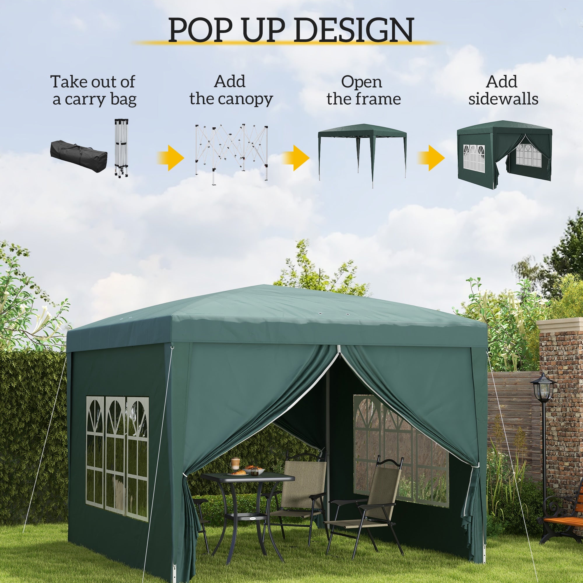 Outsunny 10'x10' Pop Up Party Tent Wedding Gazebo Outdoor Canopy with Carry Bag Green 