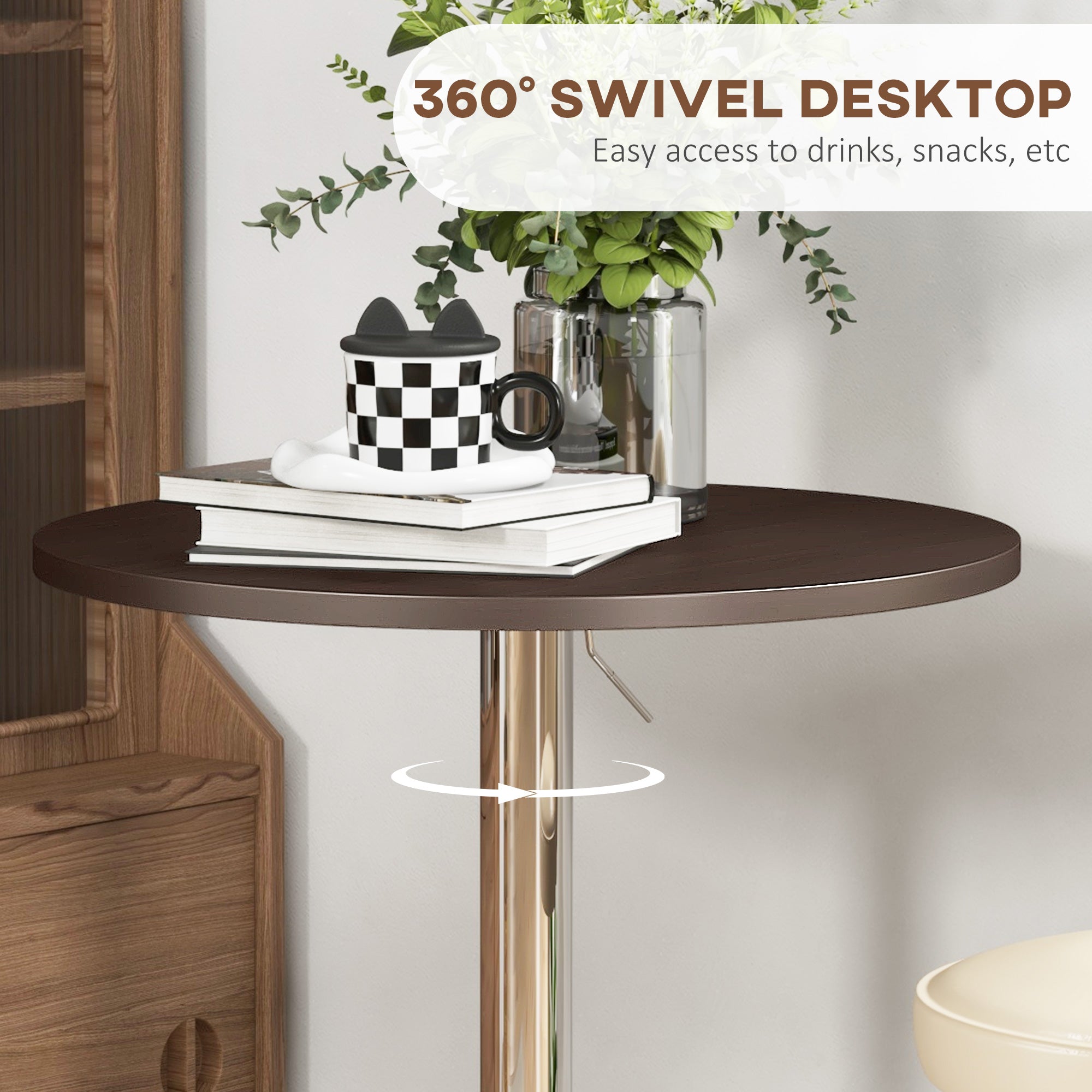 HOMCOM High Top Bar Table, Adjustable Round Kitchen Table with Swivel Top and Steel Base, Bistro Table for 2 People, Walnut 