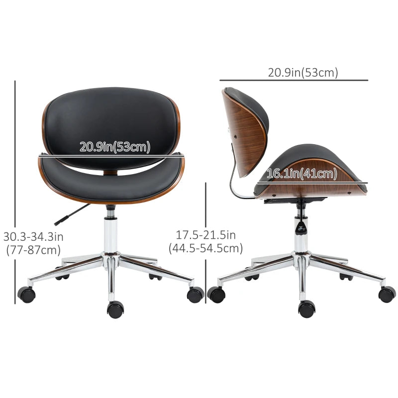 Office Chair, Faux Leather and Bentwood Computer Desk Chair with 360 Degree Swivel Wheels, Adjustable Height and Curved Seat, Black