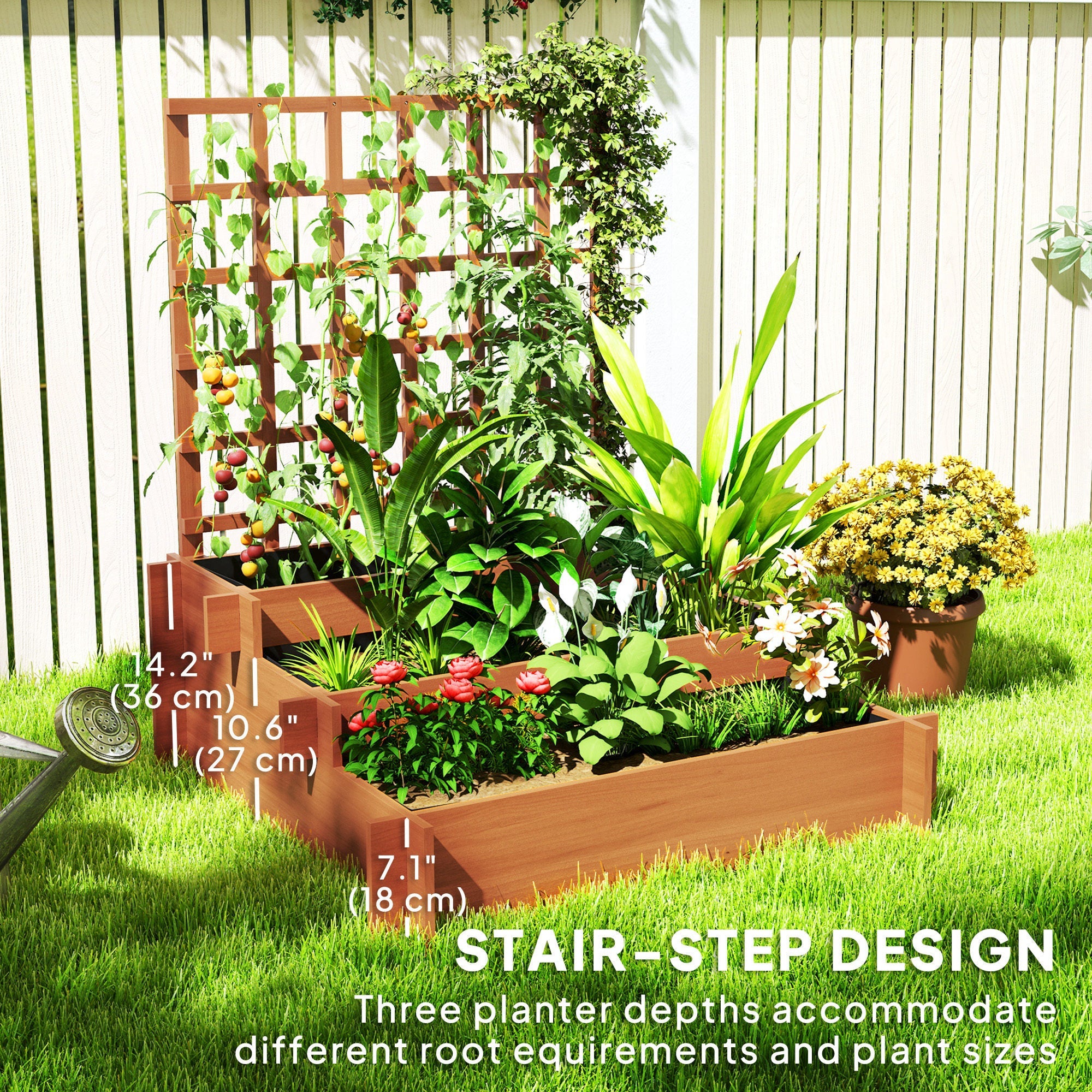 Outsunny Wooden Elevated Planter Box with Trellis for Climbing Plants, 3 Tier Raised Garden Bed for Garden, Outdoor, Brown 