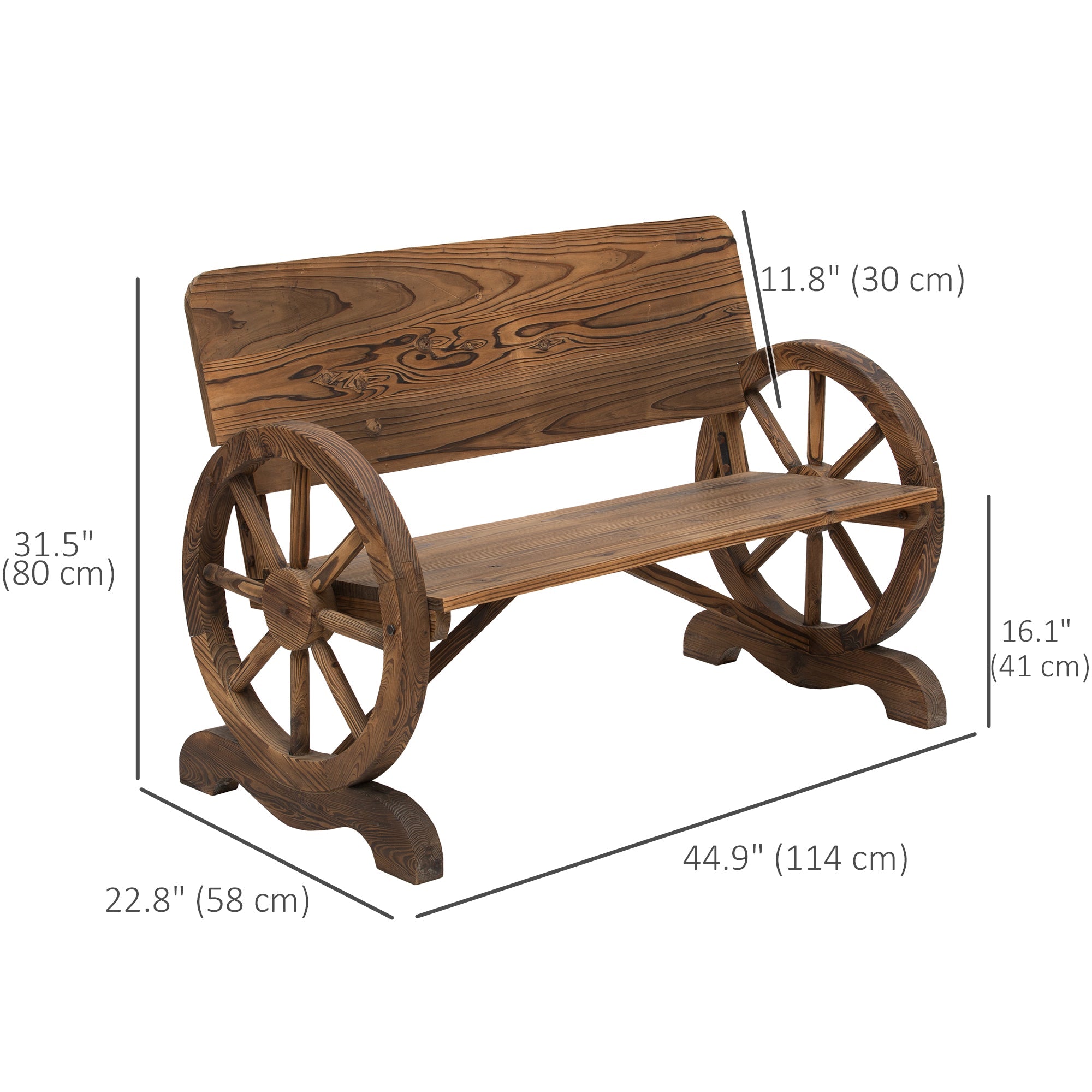 Outsunny Wooden Wagon Wheel Bench Rustic Design 2 Seater Garden Outdoor Chair High Back Loveseat 