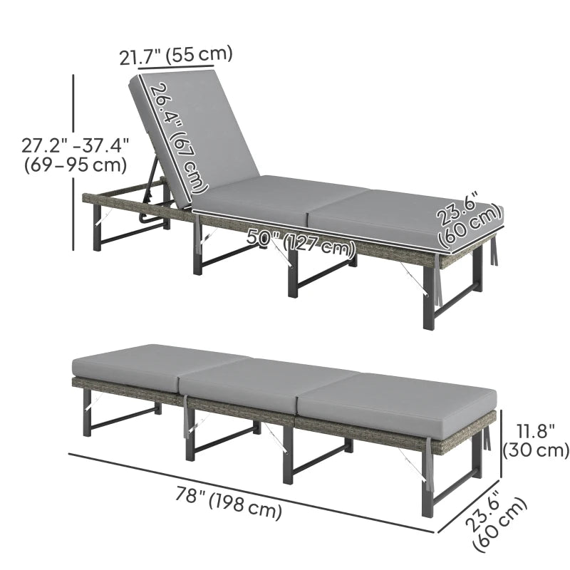Folding Outdoor Lounge Chair, Wicker Chaise Lounge Tanning Chair with Cushion for Beach, Poolside, Garden, Grey