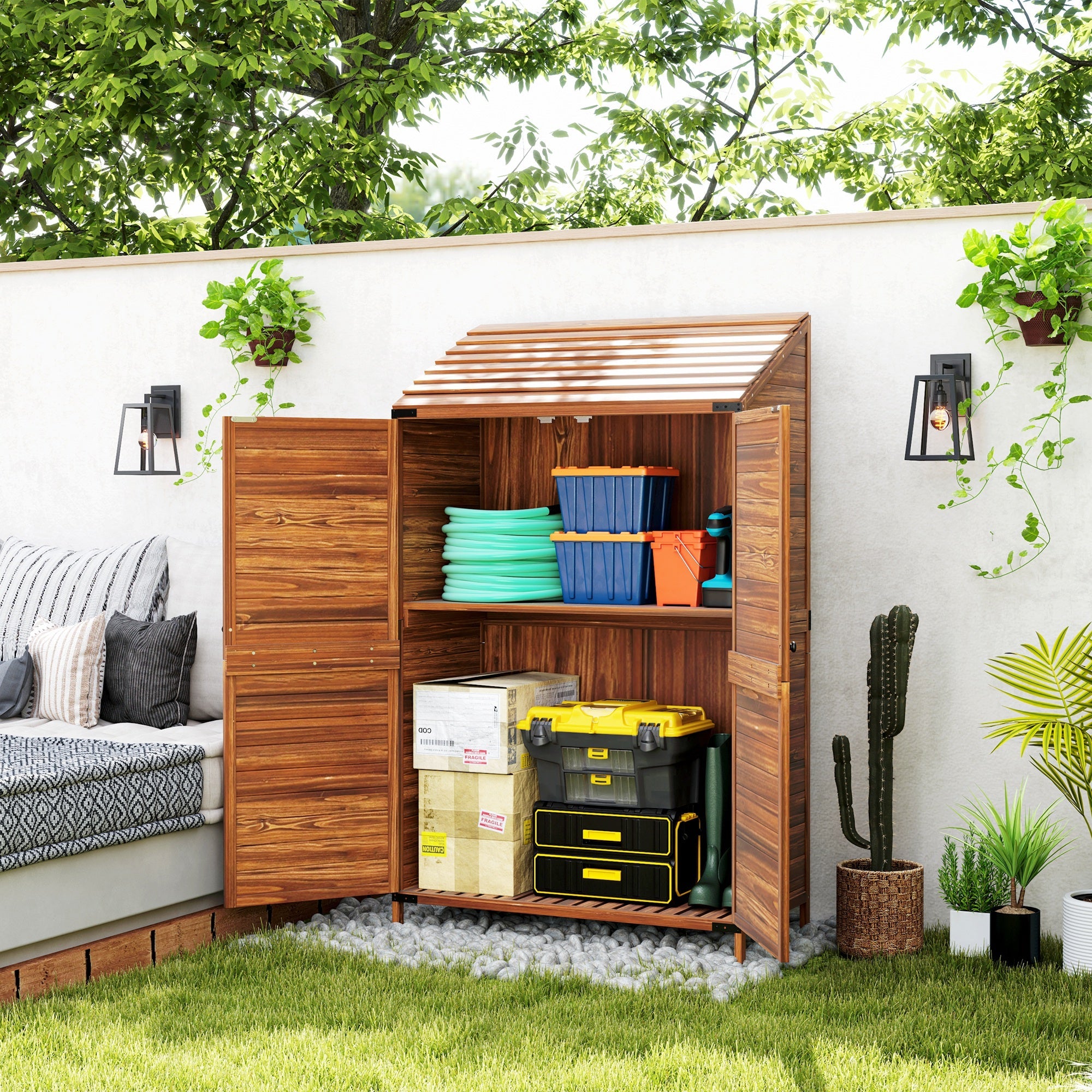 Outsunny Outdoor Storage Cabinet, Wooden Garden Storage Shed with Double Doors and Shelves for Garden Porch Deck, Mixed-Brown 