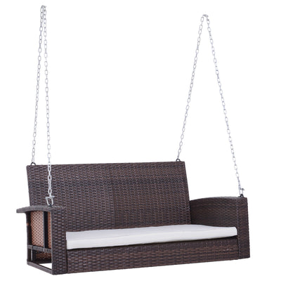 Outsunny Wicker Porch Swing Chair 2-Person Garden Hanging Bench Cushion Outdoor Rattan Double Hammock Sun Lounge White 