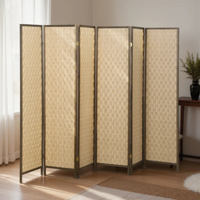 6 FT Room Divider, 6 Panel Folding Privacy Screen, Lightweight Handwoven Freestanding Partition for Home Office, Brown