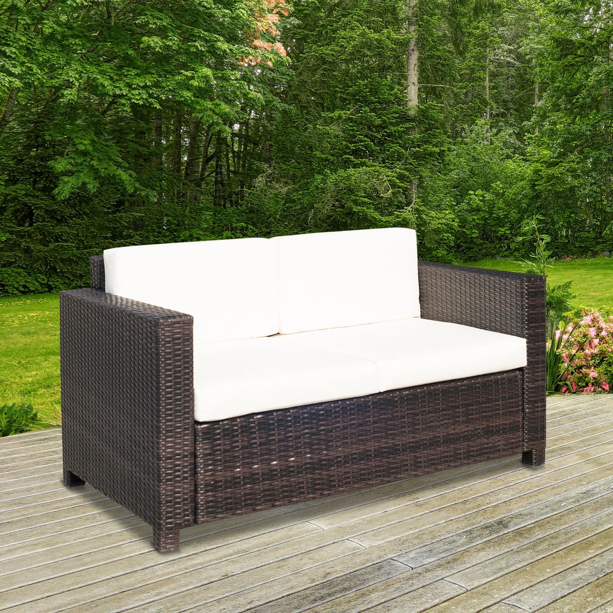 Outsunny Deluxe 2 Seat Rattan Wicker Sofa Garden Cushioned Brown 