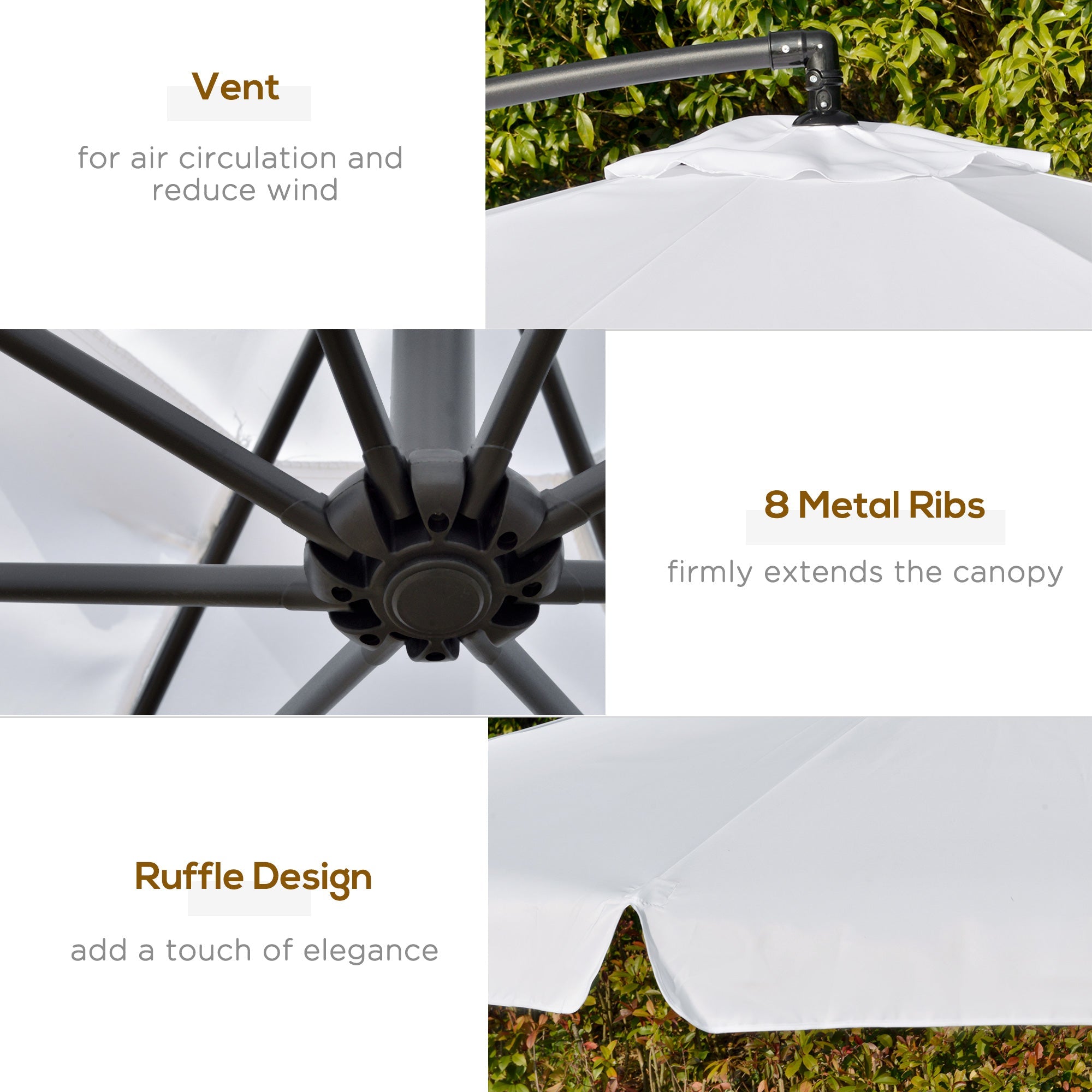 Outsunny 11FT White Offset Patio Umbrella Cantilever Easy Tilt Cross Base 8 Ribs Sun Shade for Garden 
