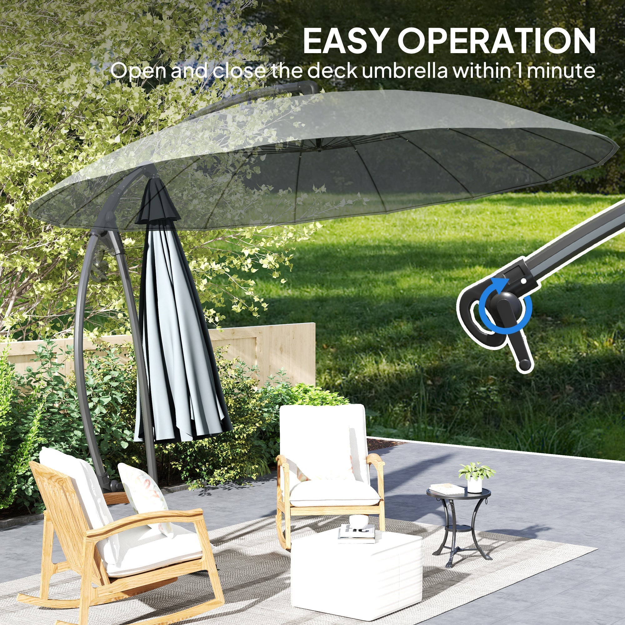 Outsunny 9FT Cantilever Umbrella with 16 Fibreglass Ribs, Offset Hanging Umbrella, Patio Umbrella with Crank and Cross Base, Grey 