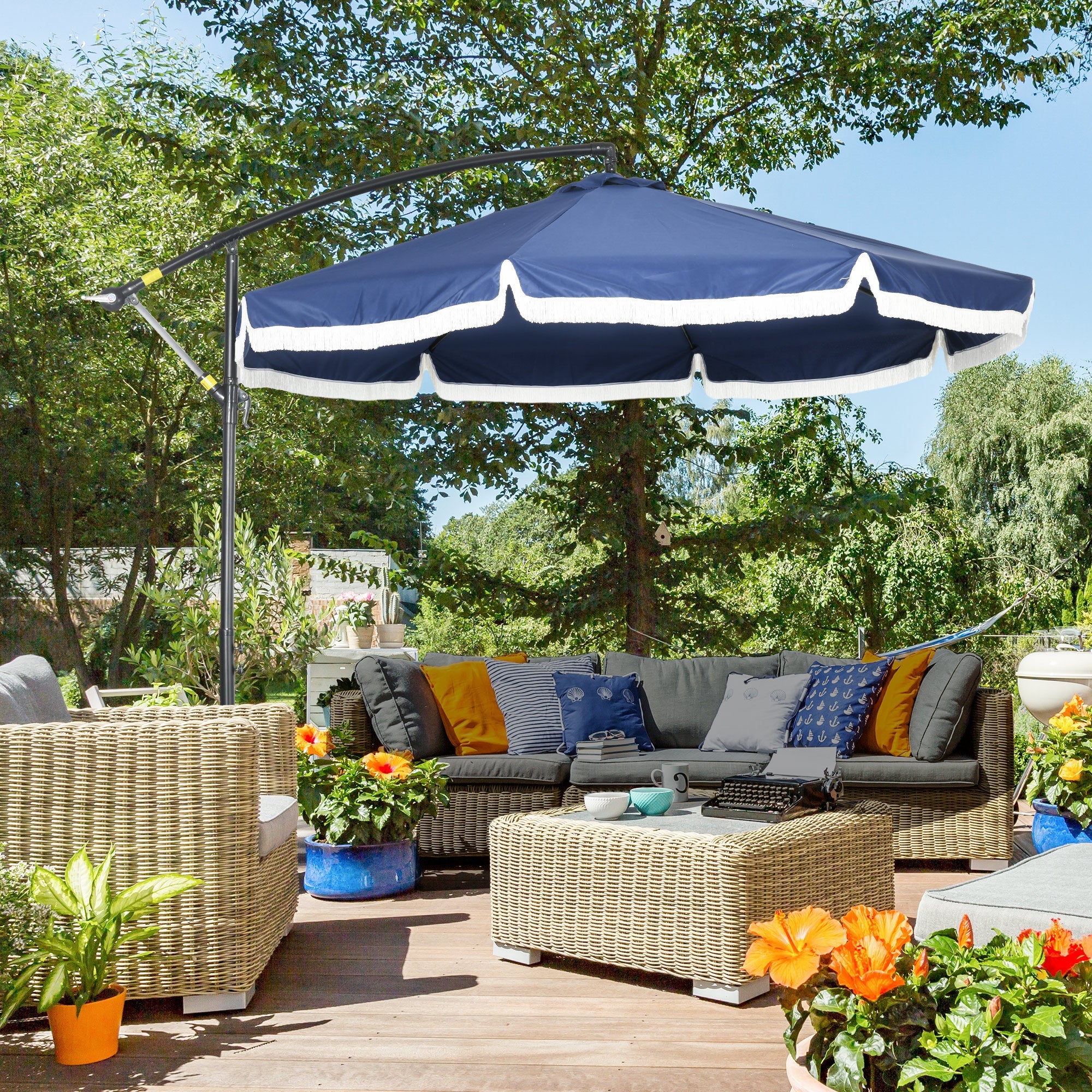 Outsunny 10ft Outdoor Cantilever Umbrella Round Offset Design with Easy Crank Cross Base 8 Support Ribs for Patio Garden Backyard Blue 