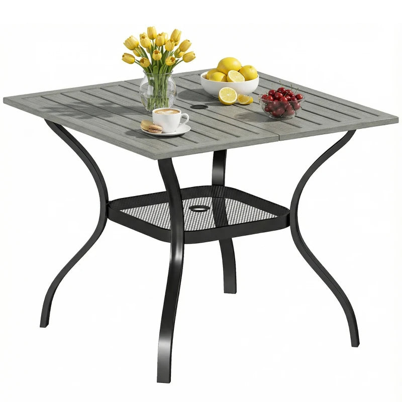 Outdoor Dining Table for 4, Square Patio Table with Umbrella Hole, Shelf, Slatted Faux Wood Steel Top, Grey