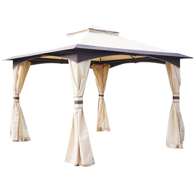 Outsunny 10' x 10' Soft Top Gazebo Canopy Tent w/ Double Roof, Eaves Design and Mesh Netting Sidewall Outdoor Patio Large Garden 