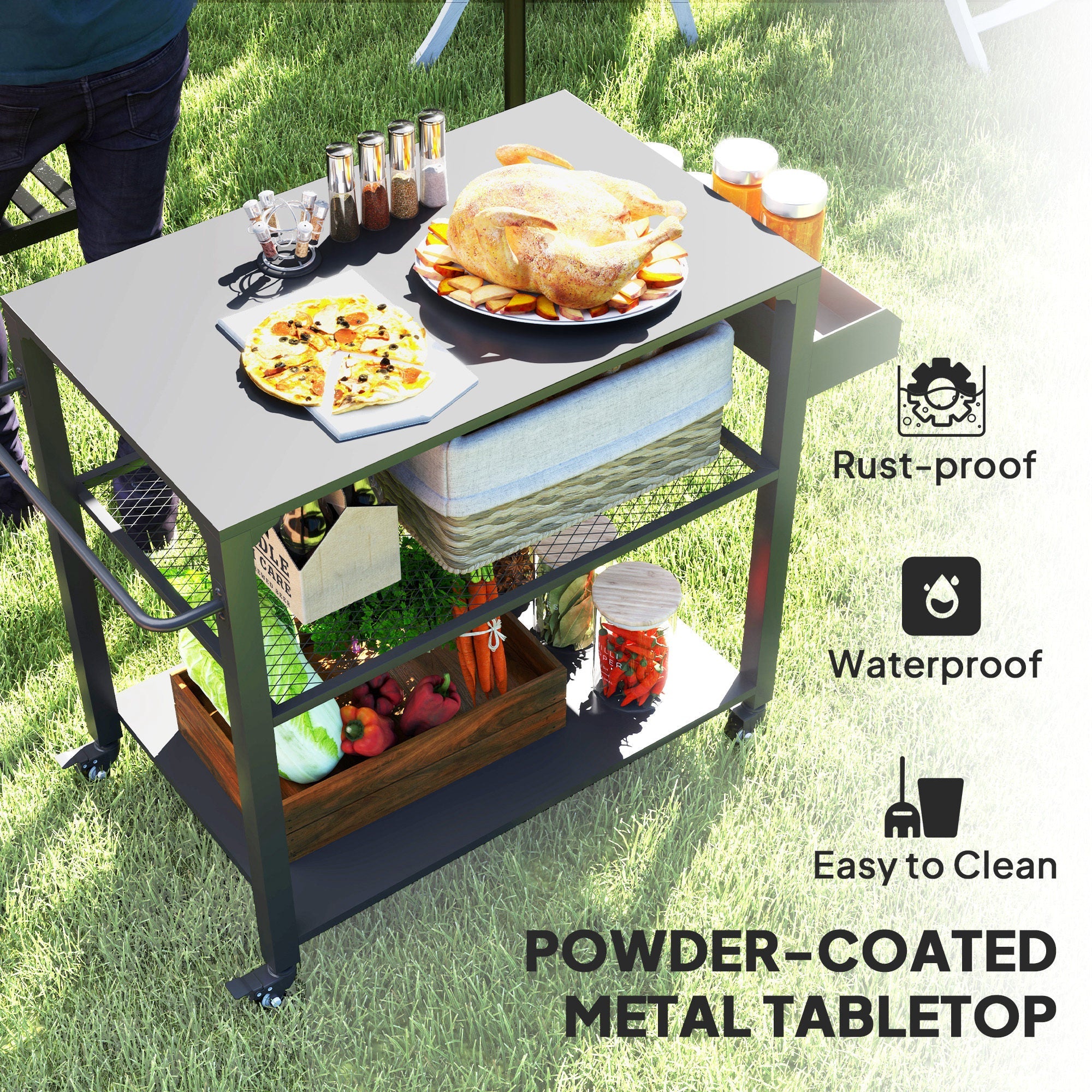 Outsunny 3-Tier Outdoor Grill Dining Cart with Storage Rack, Pizza Oven Stand with Side Handle, 4 Wheels for Backyard Party 