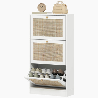 HOMCOM Rattan Shoe Storage Cabinet with 3 Flip Drawers and Adjustable Shelves, Entryway Shoe Cabinet for 18 Pairs, White 
