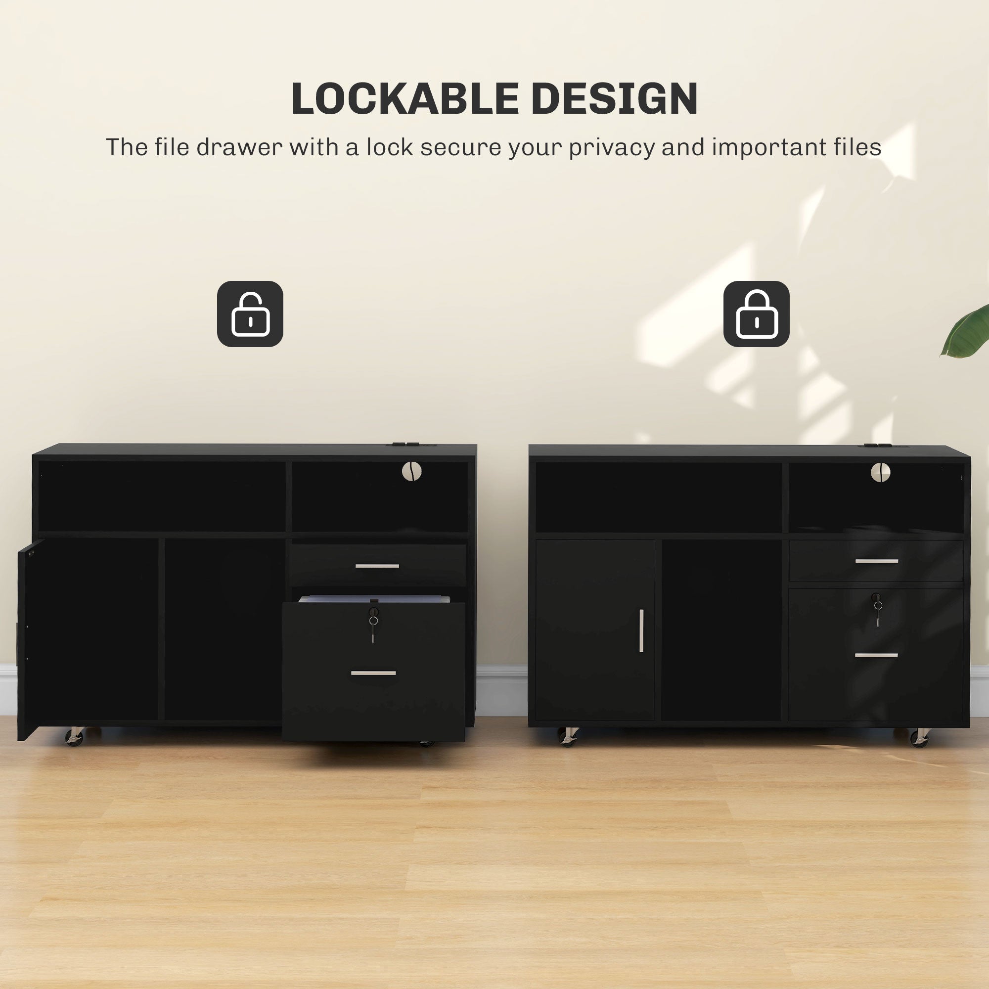 HOMCOM Mobile Printer Stand Charging Station USB Ports Locking Filing Cabinet for A4 Letter Black 