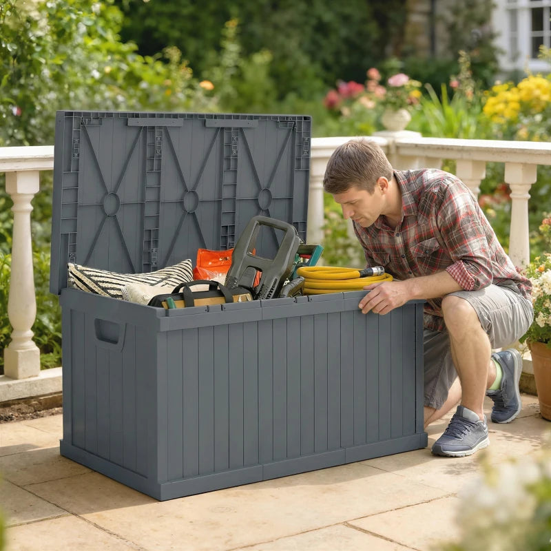 70 Gallon Deck Box, Resin Outdoor Storage Box with Handles, Waterproof Storage Container for Garden Tools, Dark Grey