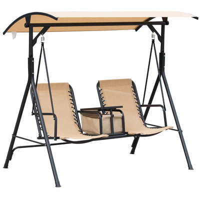Outsunny Porch Swing: 2-Person Covered Swing with Pivot Table Cup Holder Adjustable Canopy Beige 
