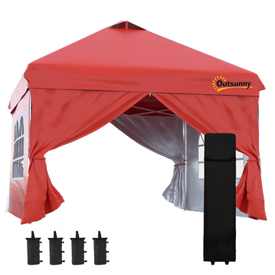 Outsunny 10' x 10' Pop Up Canopy Tent, Instant Shelter Tent with Sidewalls, Windows, Roller Bag and Sand Bags for Garden, Patio, Red 