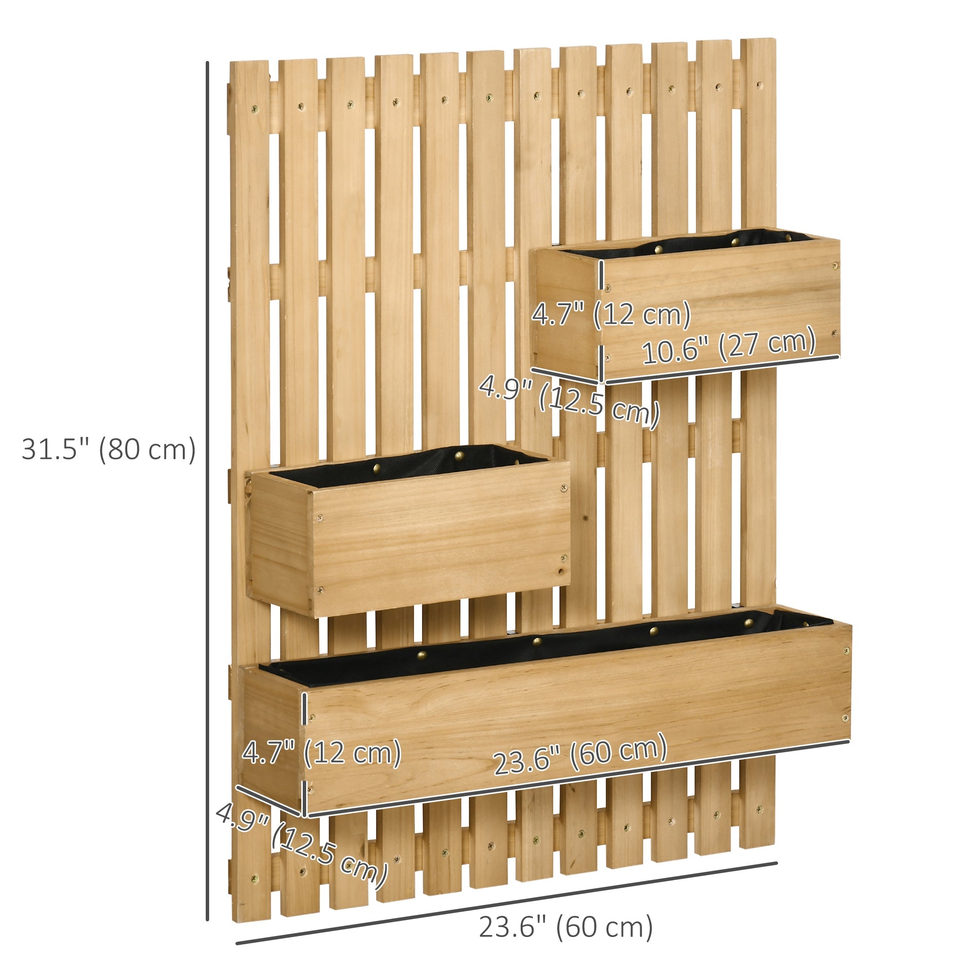 Outsunny 3 Box Raised Garden Bed with Trellis, Wall-Mounted Wood Planter Box Set with Drainage Hole for Flowers, Climbing Plants 