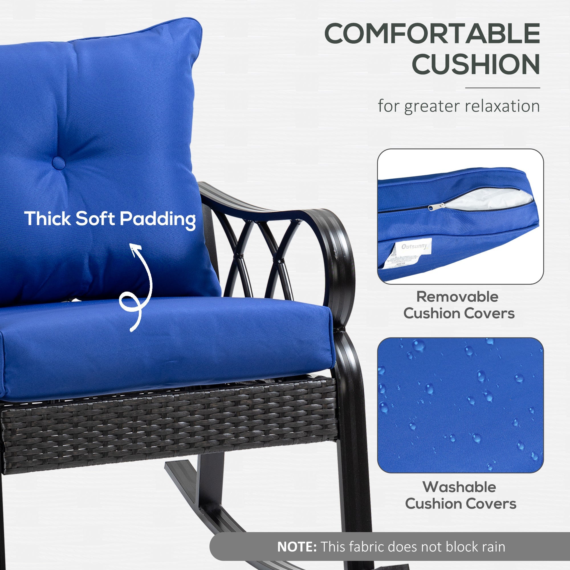 Outsunny Aluminum Wicker Rocking Chair Outdoor with Padded Cushions Garden Patio Backyard Blue 