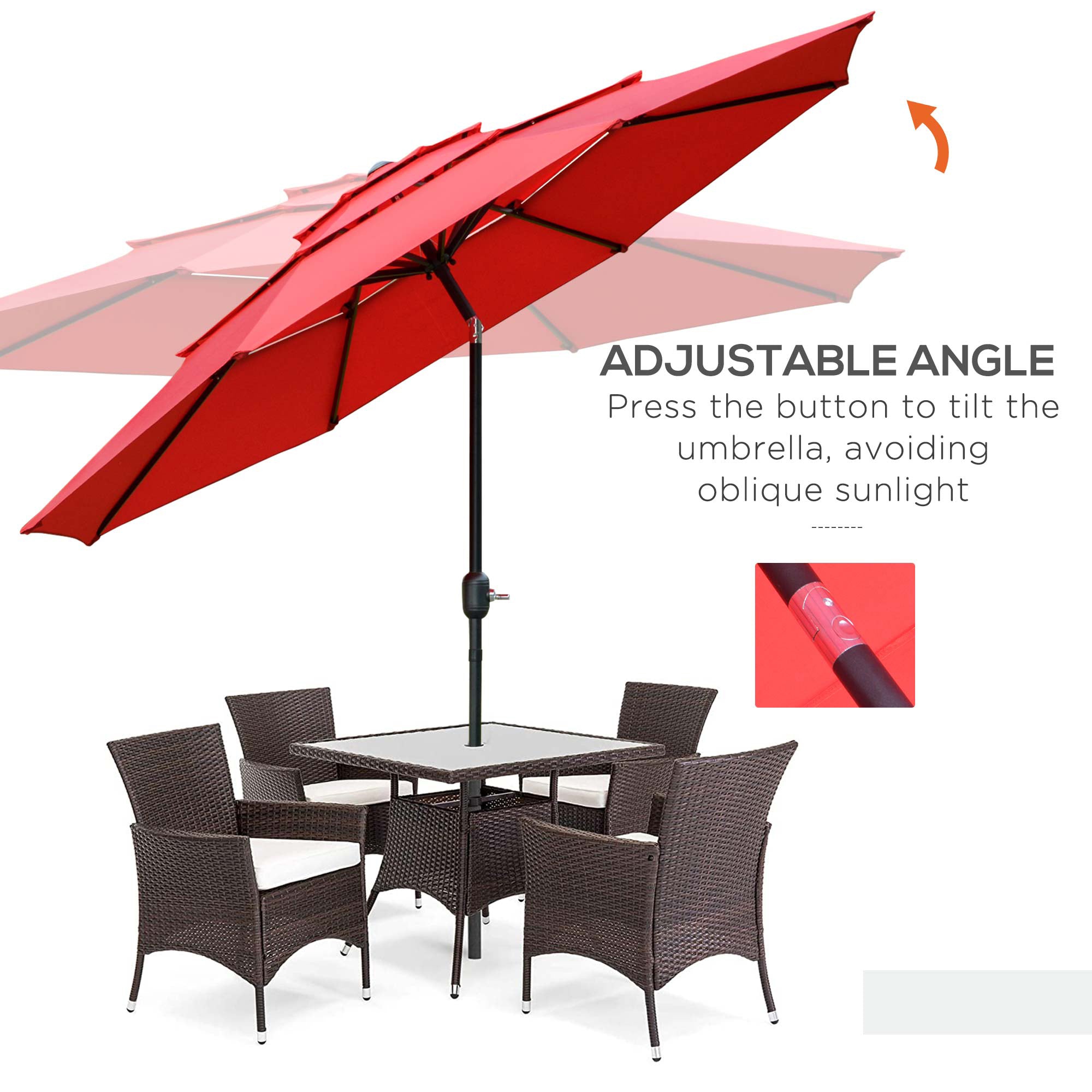 Outsunny 9FT Patio Umbrella 3 Tiers Outdoor Market Umbrella Crank Push Button Tilt for Deck Backyard Lawn Red 