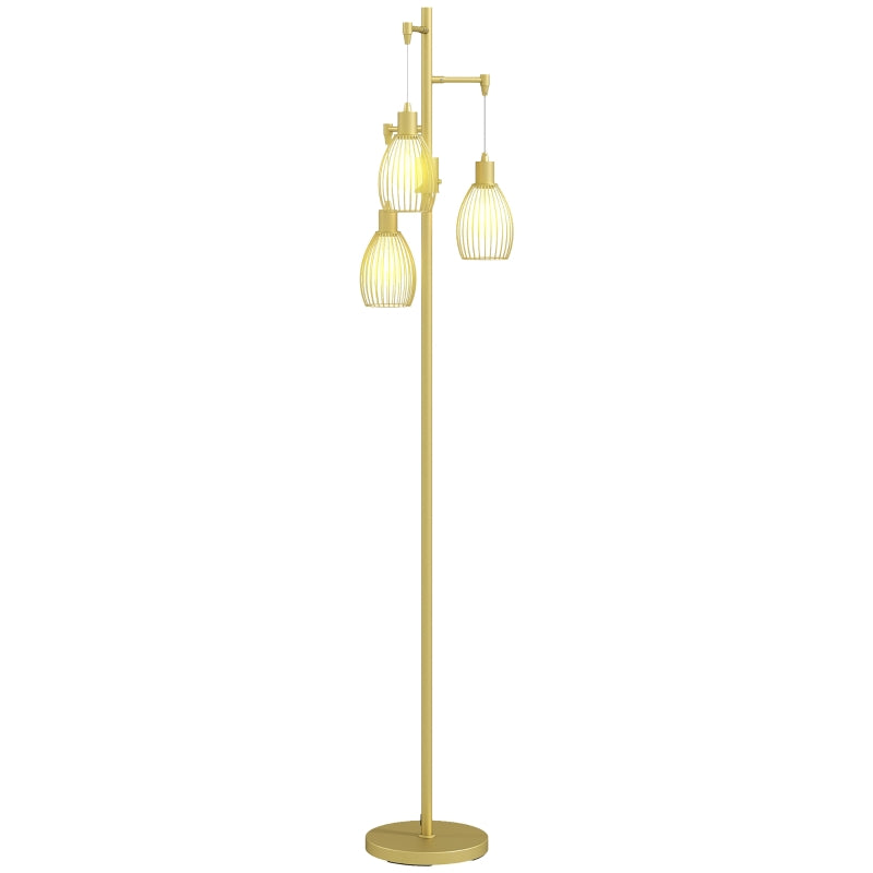 Industrial Floor Lamp with 3 Hanging Wire Lampshades, Dimmable Standing Lamp for Living Room, Gold