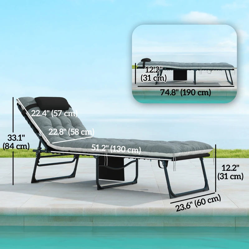 Outdoor Lounge Chair Set of 2, Folding Chaise Lounge Tanning Chair with Cushion, Side Pocket, Black/Grey