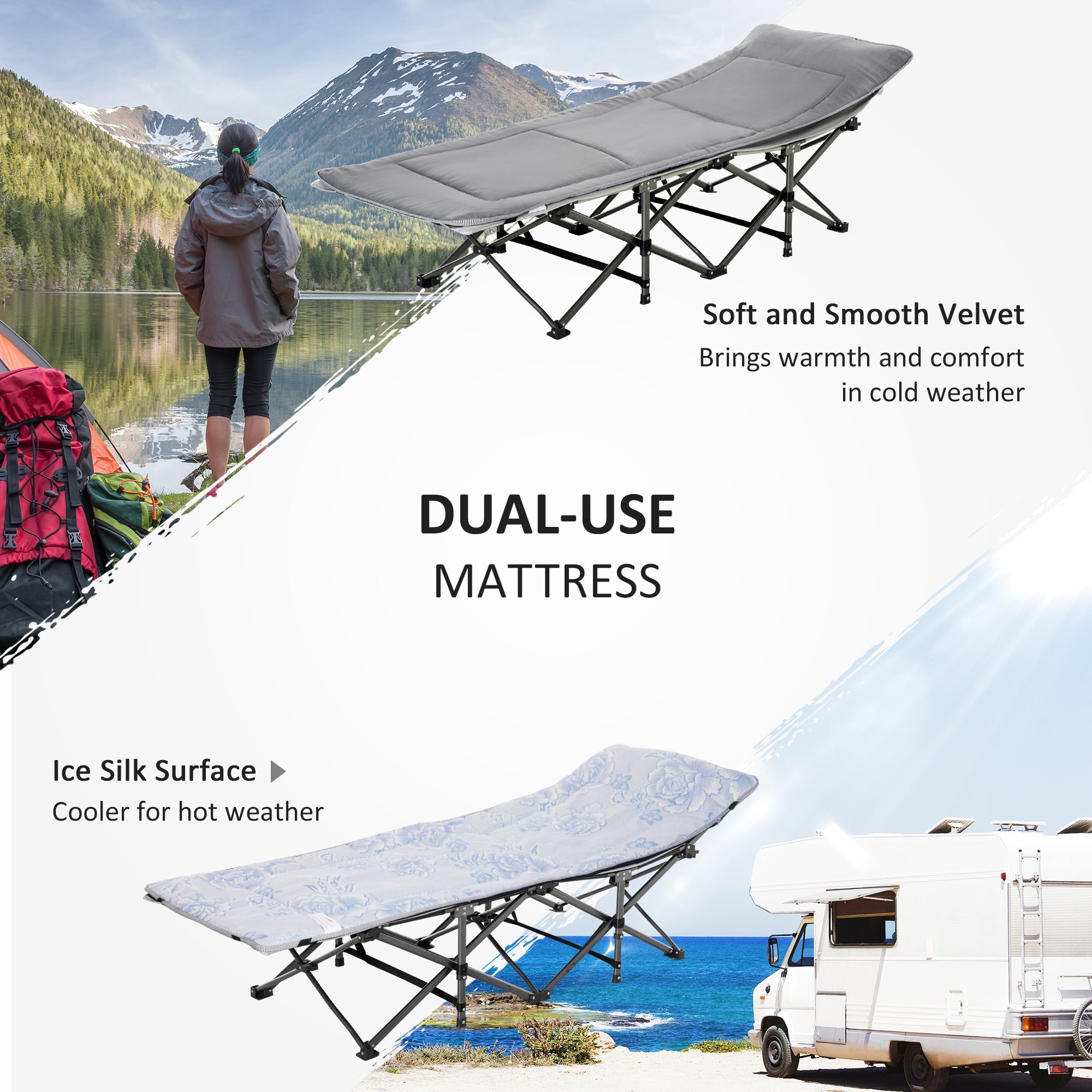 Outsunny Folding Camping Cot for Adults with Mattress Pillow Double Layer Oxford Heavy Duty Sleeping Cot Carry Bag Grey 