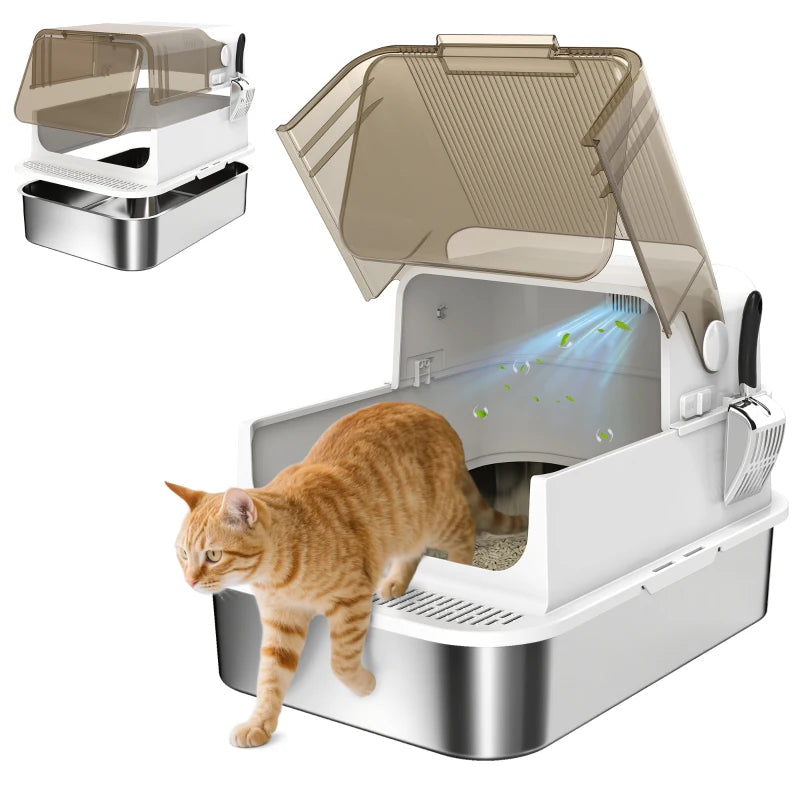 Stainless Steel Cat Litter Box, Easy-Clean Enclosure with Scoop & Flip Lid, 27.6" L x 19.7" W x 18.3" H, White