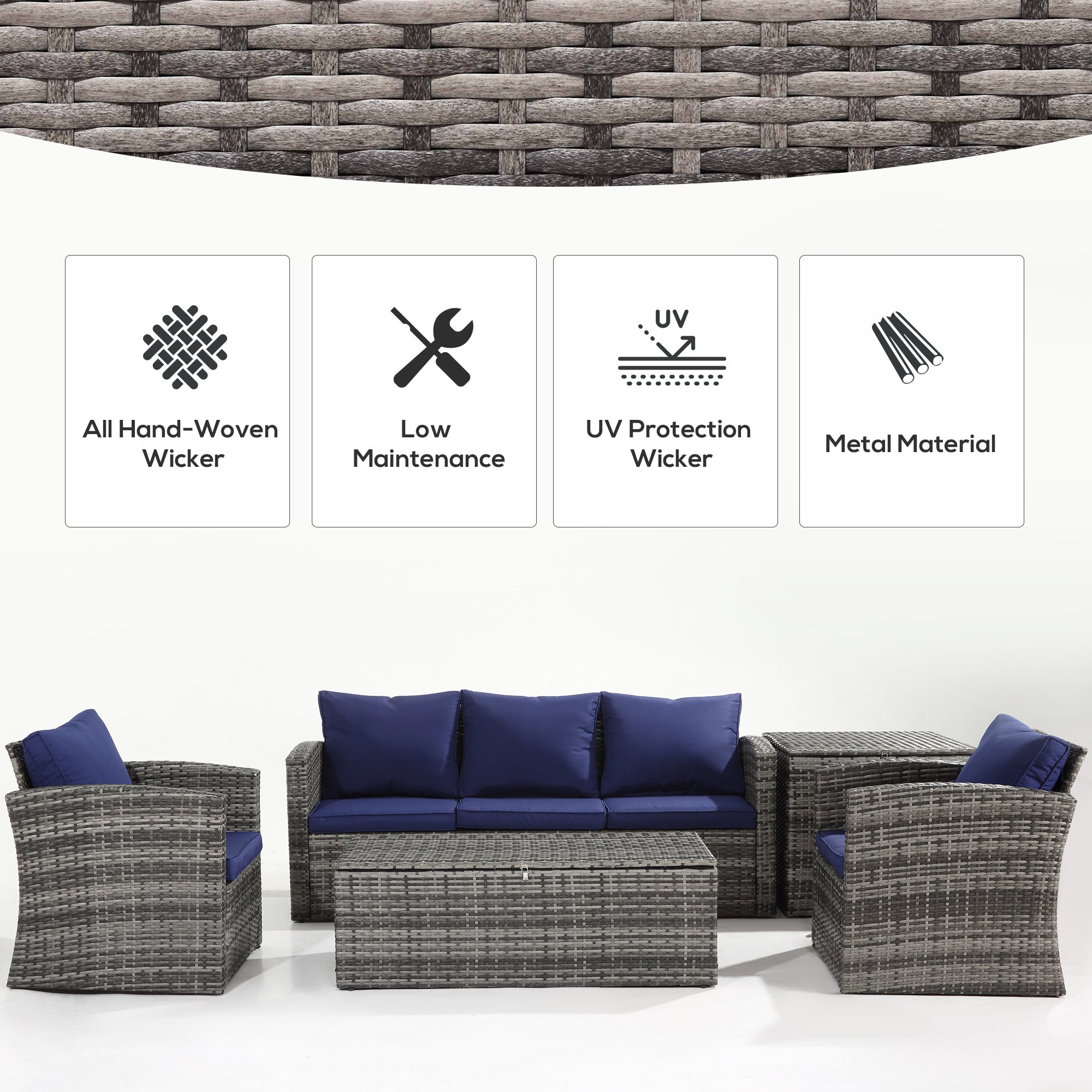 Outsunny 6 Piece Patio Furniture Set, Rattan Wicker Patio Sofa Set Sectional Outdoor Conversation Sofa Set Storage Table & Cushions, Navy Blue 