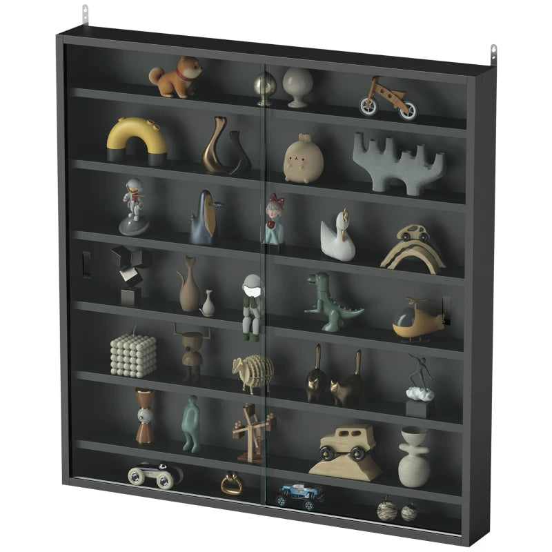 7-Tier Display Cabinet, Shot Glass Display Case, Glass Curio Cabinet with 2 Glass Doors and 6 Adjustable Shelves, Black