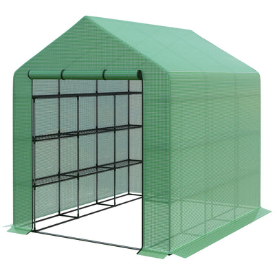 Outsunny 8' x 6' x 7' Portable Walk-In Greenhouse Hot House with 18 Shelves,  Water/UV Resistant Weather Cover, & Roll Up Door 